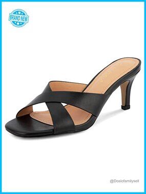 Kitten Heel Sandals Square Open Toe Cross Strap Slip On 2.5 Inch Heels